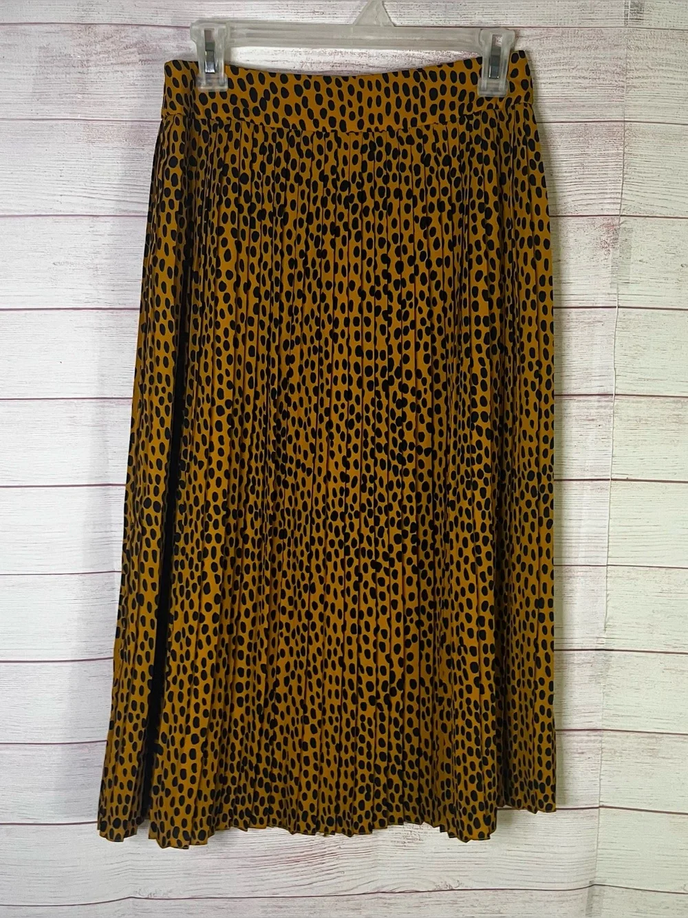 J.Crew Mustard Yellow‎ Black Polka Dot Pleated Midi Skirt Size 2
